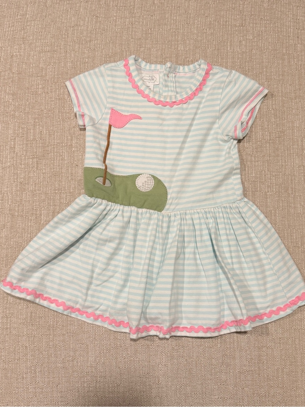 Mud Pie Light Blue and Pink Striped Golf Appliqué Dress